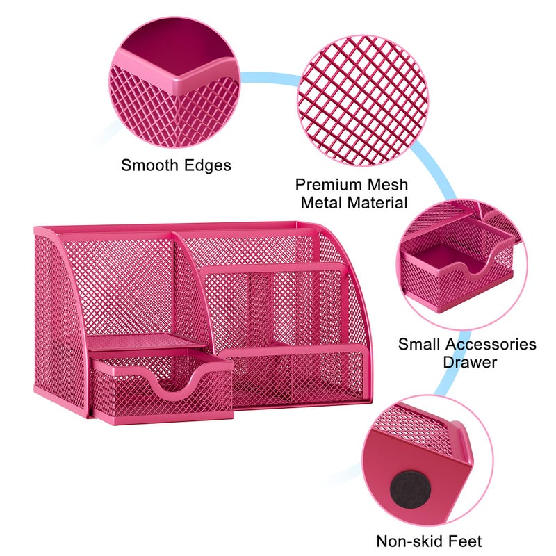 EasyPAG Mesh Desk Organizer with Drawer Multi-functional Pen Holder Stationery Organizer for Office School Supplies 6 Compartments Dorm Organizers and Storage for Desk, Hot Pink - Image 3